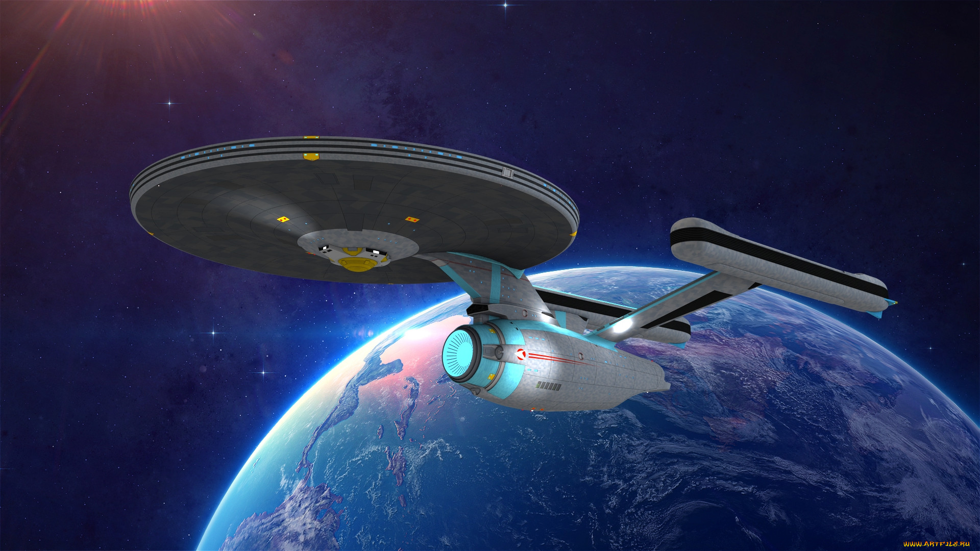 Flight planet. Полет с планеты. Excelsior class Starship. Пиксельные корабли Вселенной разбитые.